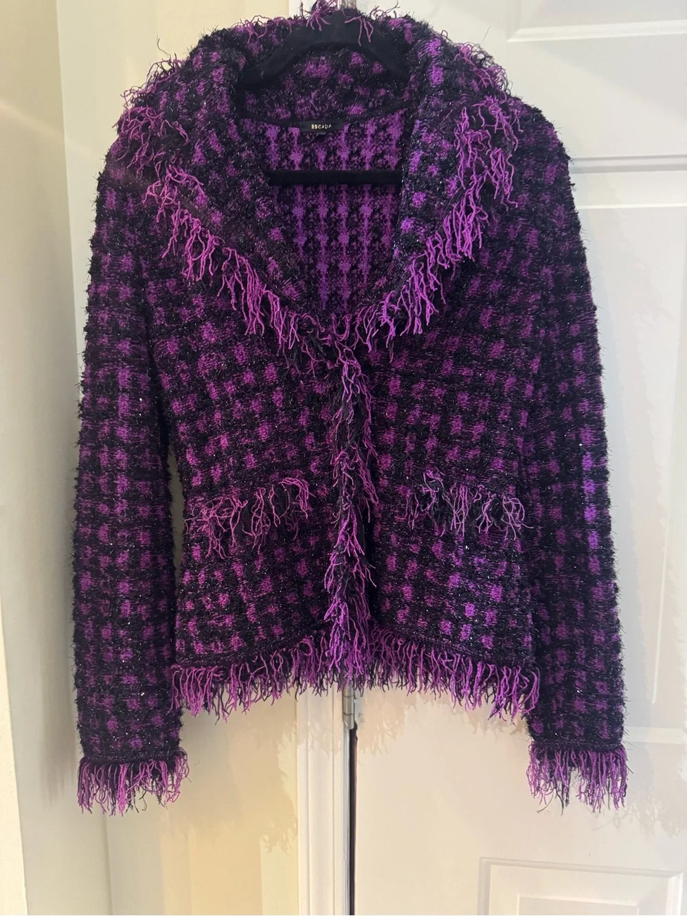 Escada Exclusive Knit & Purple &‎ Black Textured Fringe Cardigan Jacket (38)
